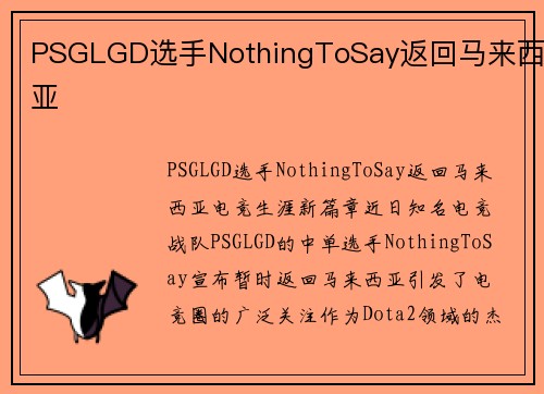 PSGLGD选手NothingToSay返回马来西亚