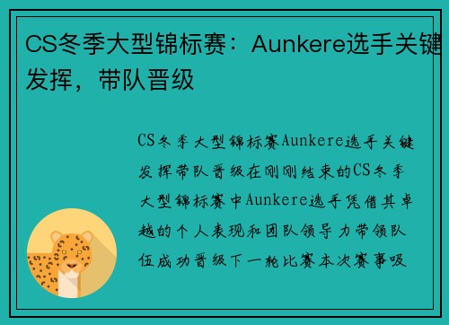 CS冬季大型锦标赛：Aunkere选手关键发挥，带队晋级