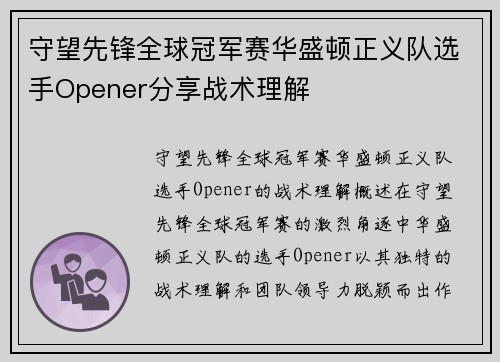 守望先锋全球冠军赛华盛顿正义队选手Opener分享战术理解
